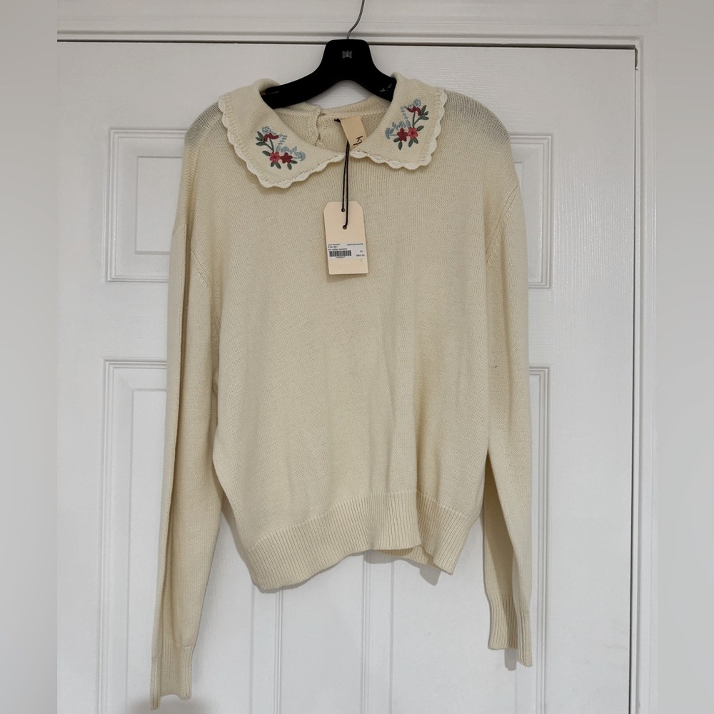 Gorgeous Ivory Sweater with Floral Embroidery Collar Detailing